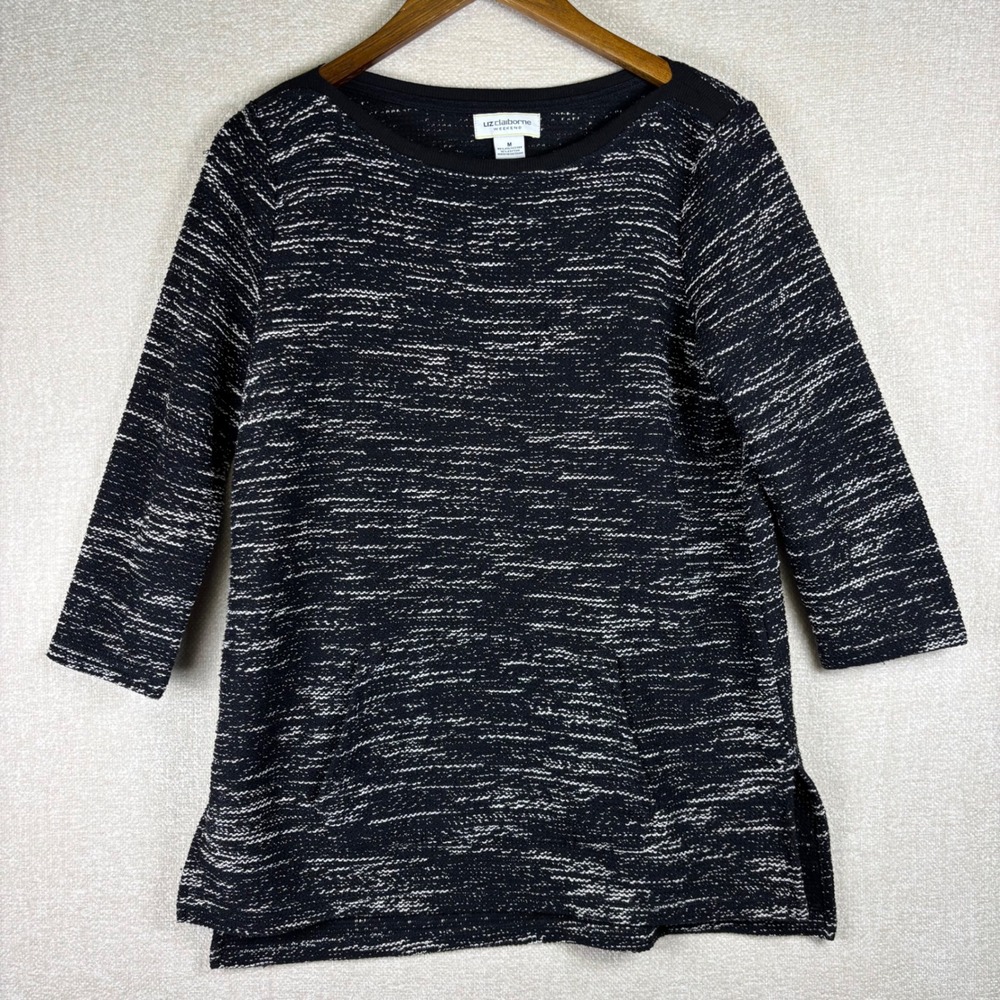Liz Claiborne Weekend Womens Black White Space Dye 3/4 Sleeve Knit Top M